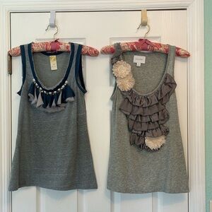 BUNDLE! TWO Anthropologie Ruffled and Floral Embellished Tank Tops
